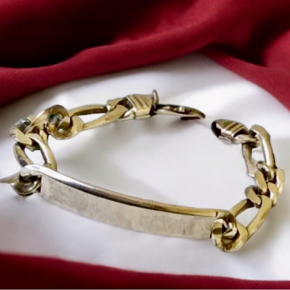 Vintage Italy Sterling Silver ID Figaro Link Chain 8" Bracelet 29 grams